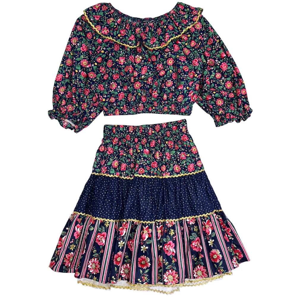 Vintage Rumiko 70s Calico Floral Cottagecore Square Dance 2-Piece Skirt Set Med